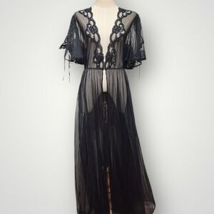 Vintage Old Hollywood Val Mode Gothic Boudoir Maxi Peignoir Sheer Gown in Blk M